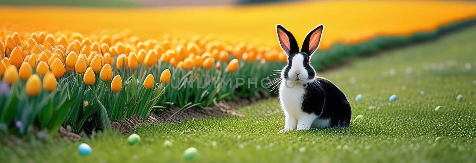 Holiday celebration banner with cute Easter bunny with decorated eggs and spring flowers on green spring meadow. Rabbit in landscape. Happy Easter greeting card, banner, festive background. Copy space