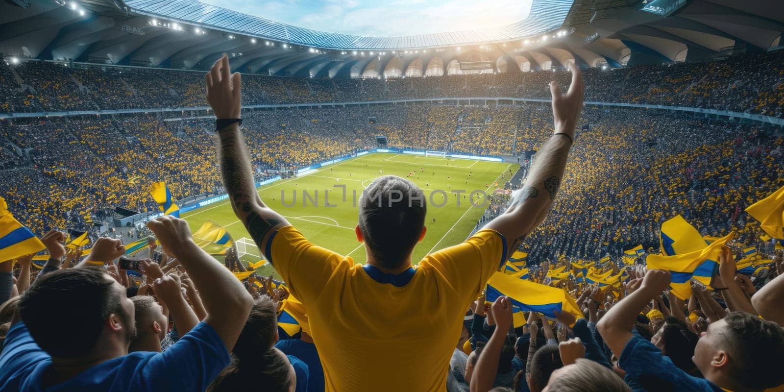 A fan wearing a yellow jersey exhibits a gesture of joy and excitement in a world stadium, enjoying leisure and fun while watching a team sport ball game. AIG41