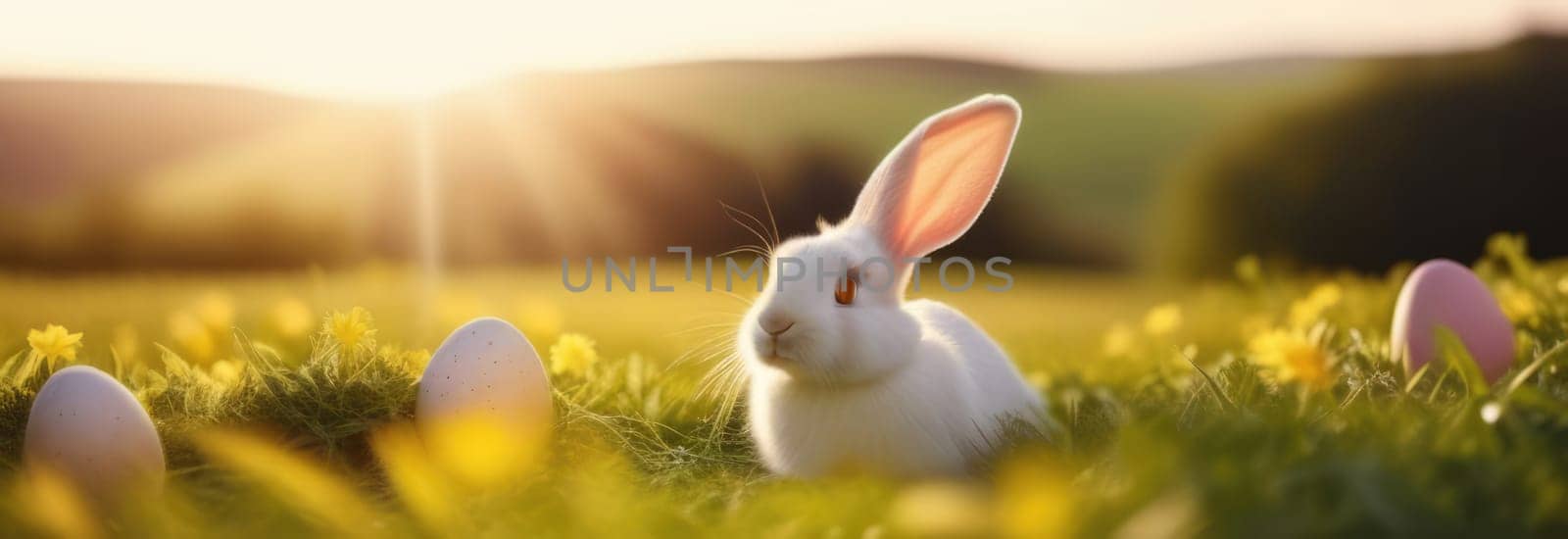 Holiday celebration banner with cute Easter bunny with decorated eggs and spring flowers on green spring meadow. Rabbit in landscape. Happy Easter greeting card, banner, festive background. Copy space