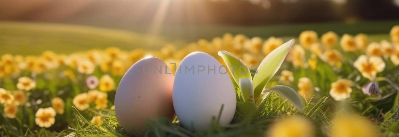 Holiday celebration banner with cute Easter bunny with decorated eggs and spring flowers on green spring meadow. Rabbit in landscape. Happy Easter greeting card, banner, festive background. Copy space