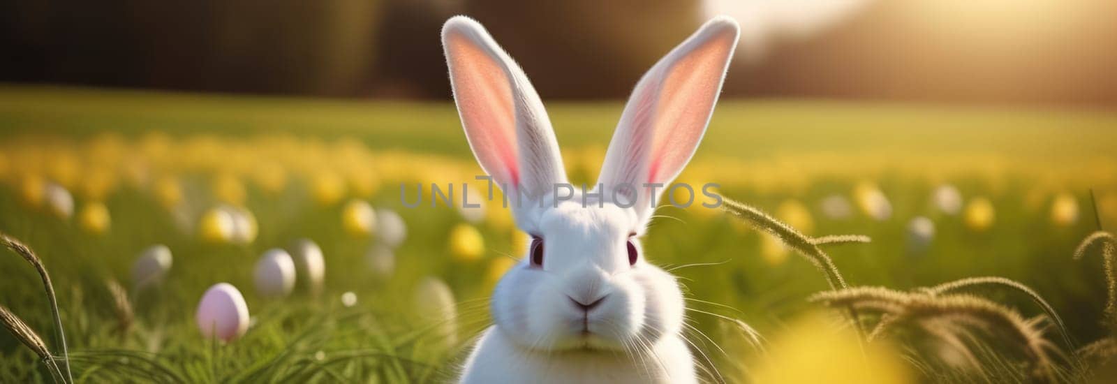 Holiday celebration banner with cute Easter bunny with decorated eggs and spring flowers on green spring meadow. Rabbit in landscape. Happy Easter greeting card, banner, festive background. Copy space