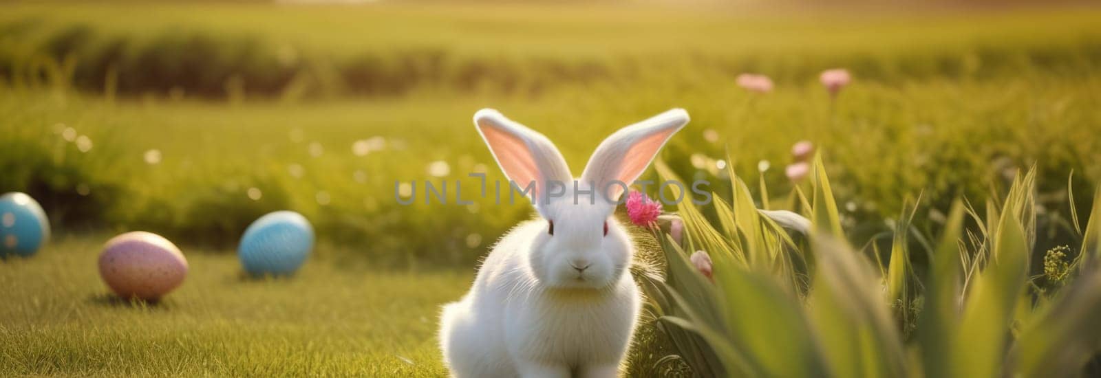 Holiday celebration banner with cute Easter bunny with decorated eggs and spring flowers on green spring meadow. Rabbit in landscape. Happy Easter greeting card, banner, festive background. Copy space