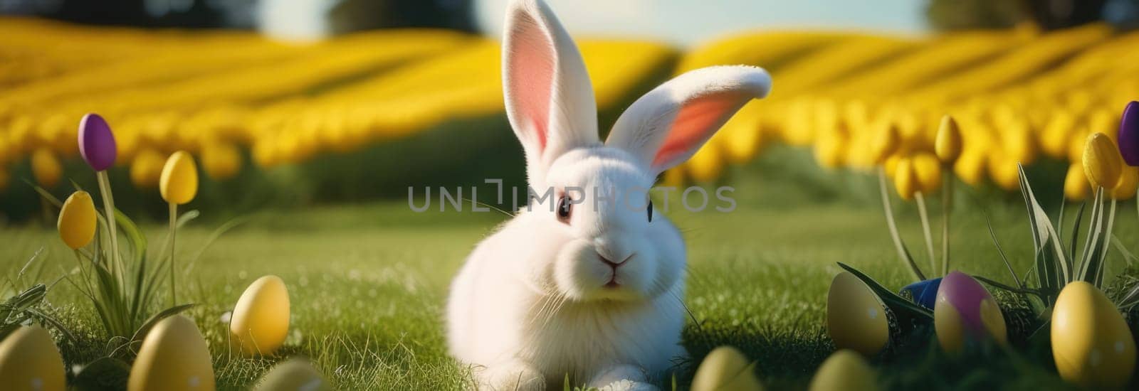 Holiday celebration banner with cute Easter bunny with decorated eggs and spring flowers on green spring meadow. Rabbit in landscape. Happy Easter greeting card, banner, festive background. Copy space