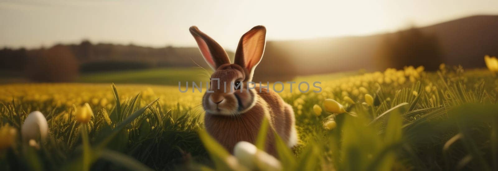 Holiday celebration banner with cute Easter bunny with decorated eggs and spring flowers on green spring meadow. Rabbit in landscape. Happy Easter greeting card, banner, festive background. Copy space
