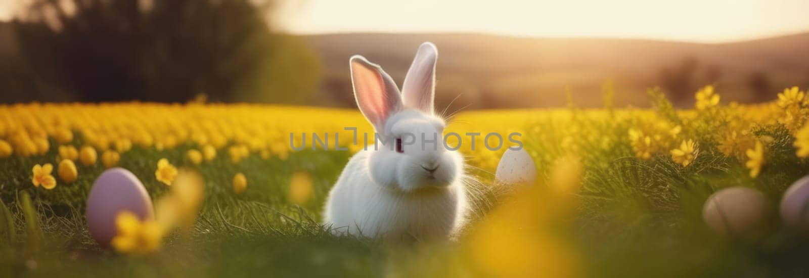 Holiday celebration banner with cute Easter bunny with decorated eggs and spring flowers on green spring meadow. Rabbit in landscape. Happy Easter greeting card, banner, festive background. Copy space