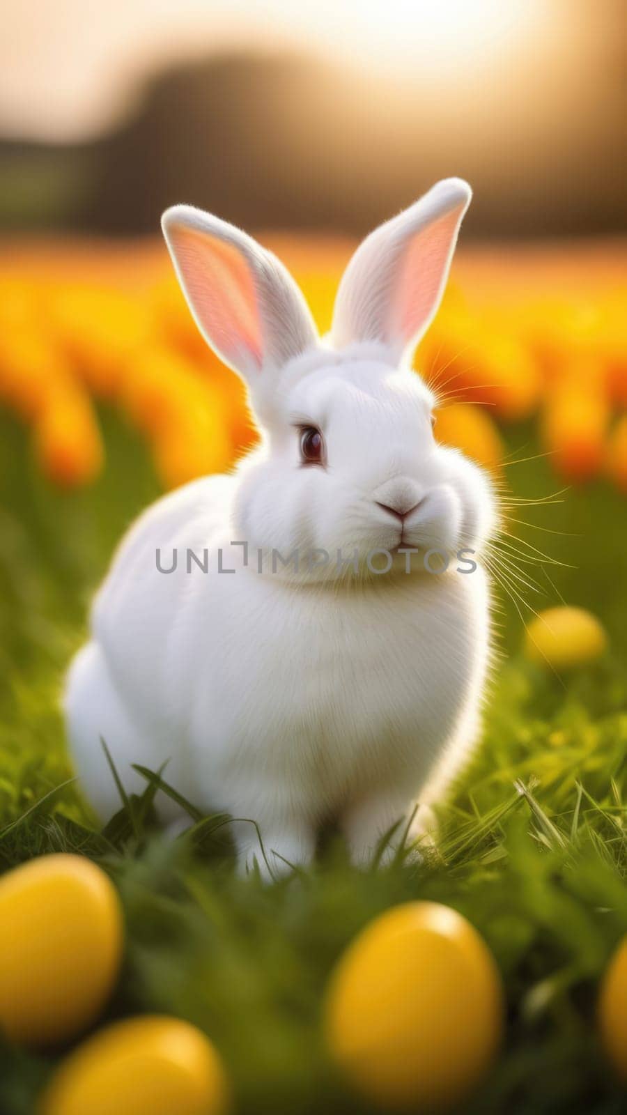 Holiday celebration banner with cute Easter bunny with decorated eggs and spring flowers on green spring meadow. Rabbit in landscape. Happy Easter greeting card, banner, festive background. Copy space