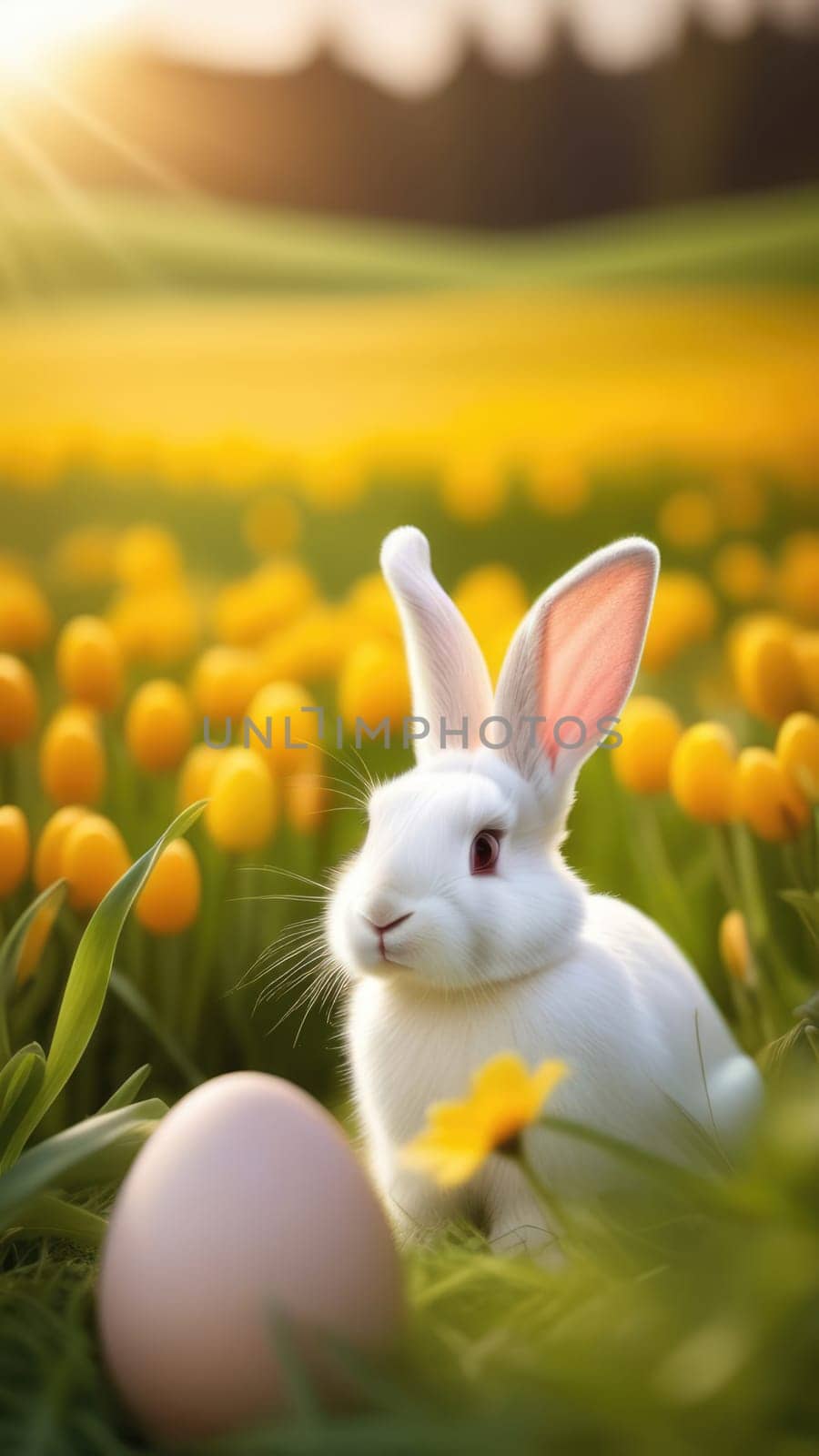 Holiday celebration banner with cute Easter bunny with decorated eggs and spring flowers on green spring meadow. Rabbit in landscape. Happy Easter greeting card, banner, festive background. Copy space