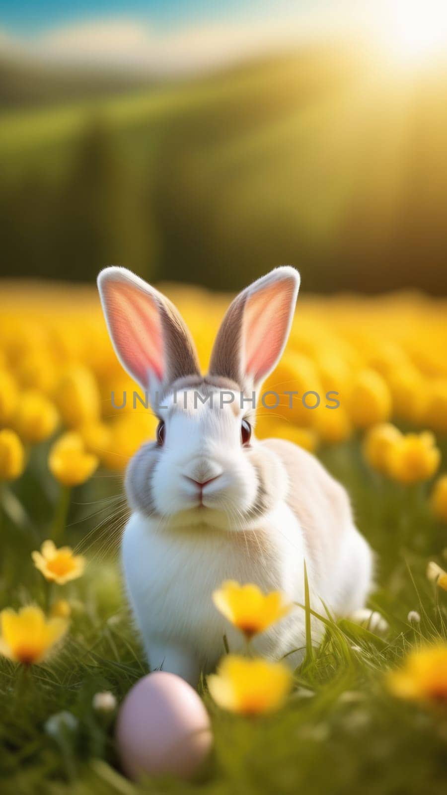Holiday celebration banner with cute Easter bunny with decorated eggs and spring flowers on green spring meadow. Rabbit in landscape. Happy Easter greeting card, banner, festive background. Copy space