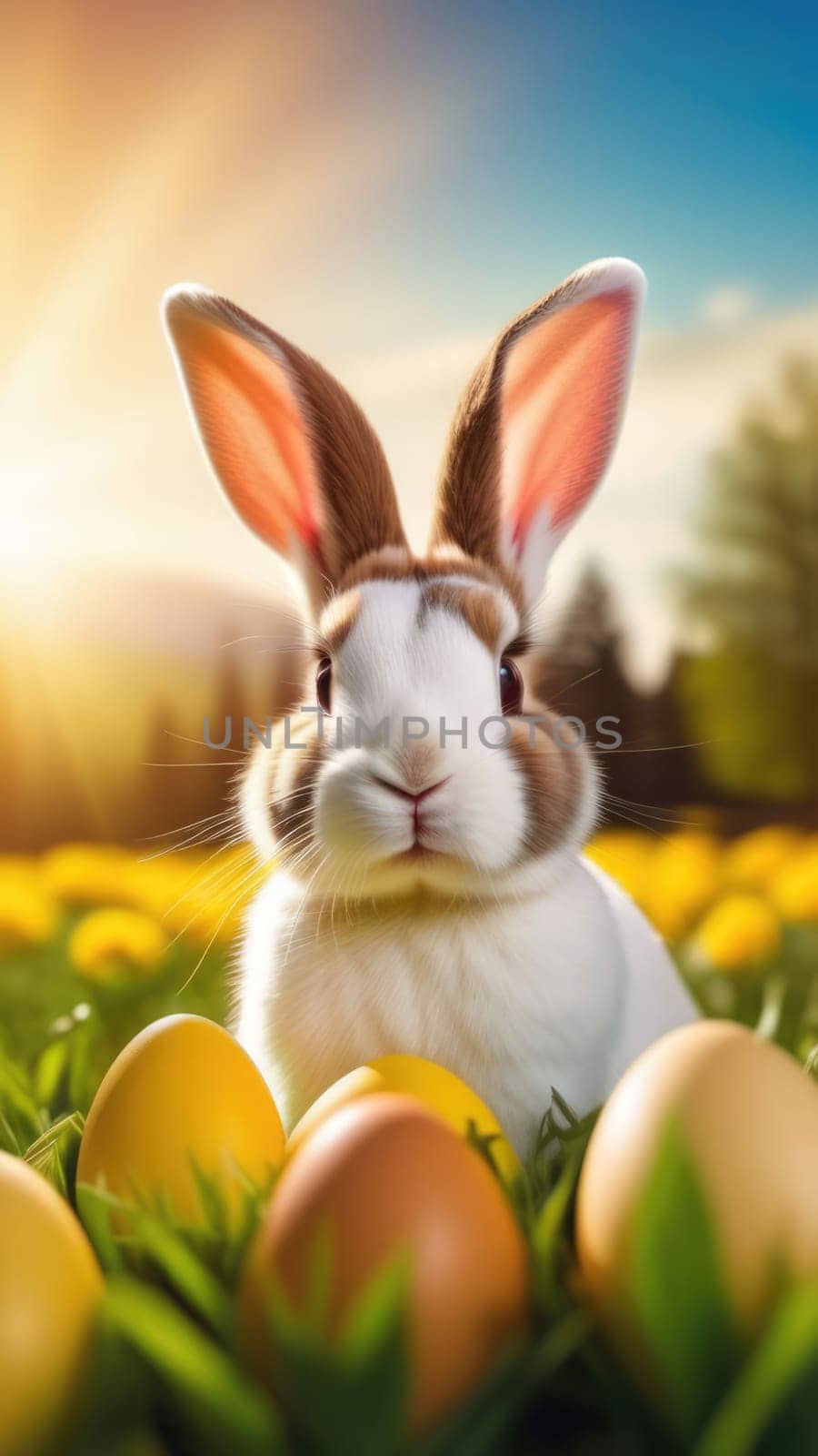 Holiday celebration banner with cute Easter bunny with decorated eggs and spring flowers on green spring meadow. Rabbit in landscape. Happy Easter greeting card, banner, festive background. Copy space