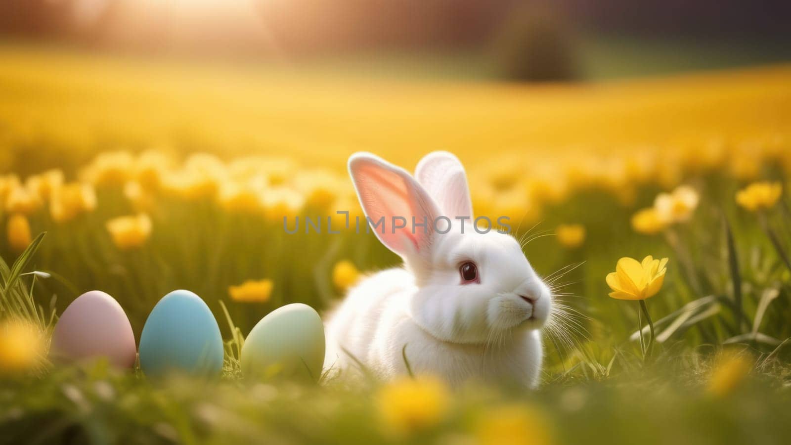 Holiday celebration banner with cute Easter bunny with decorated eggs and spring flowers on green spring meadow. Rabbit in landscape. Happy Easter greeting card, banner, festive background. Copy space