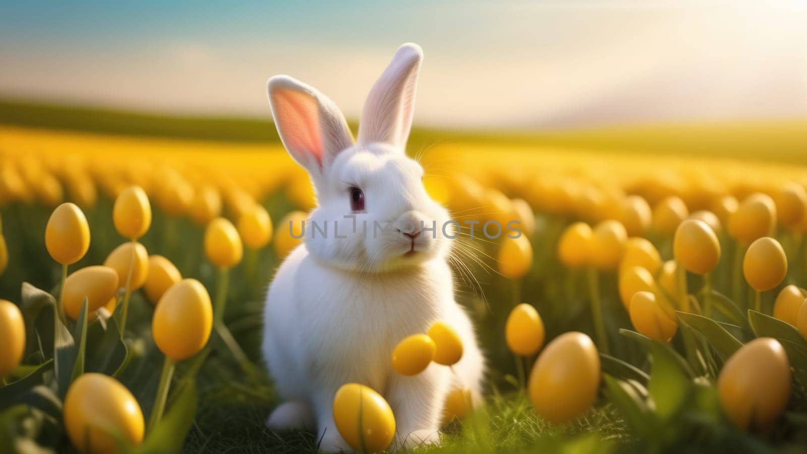 Holiday celebration banner with cute Easter bunny with decorated eggs and spring flowers on green spring meadow. Rabbit in landscape. Happy Easter greeting card, banner, festive background. Copy space