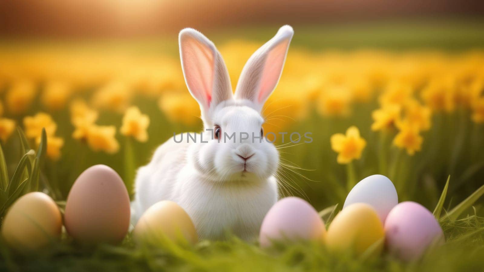 Holiday celebration banner with cute Easter bunny with decorated eggs and spring flowers on green spring meadow. Rabbit in landscape. Happy Easter greeting card, banner, festive background. Copy space
