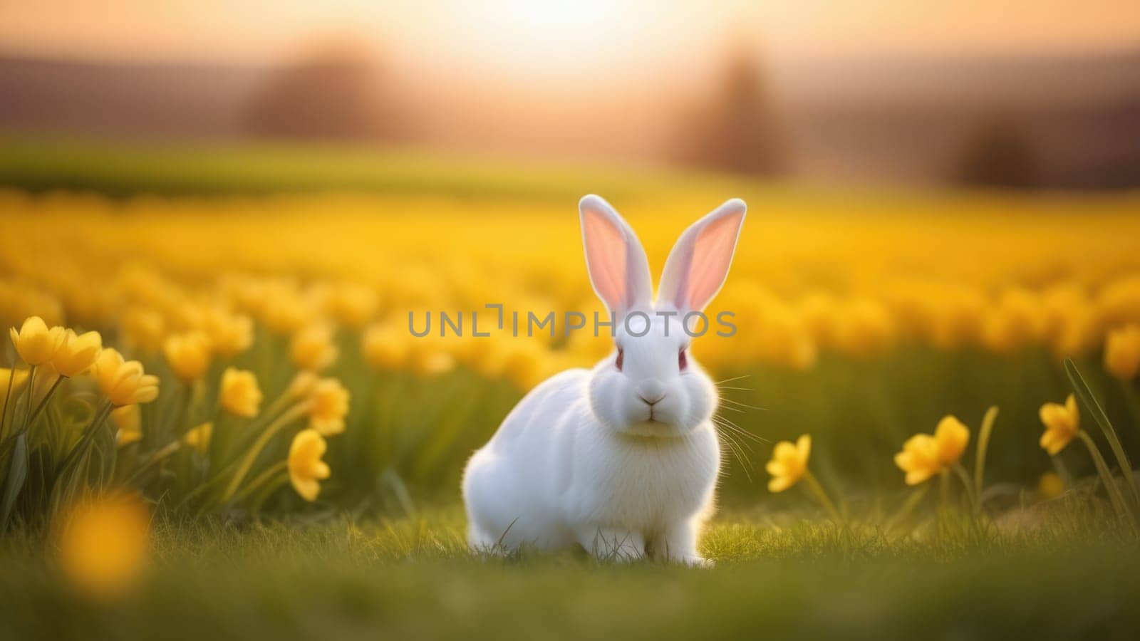Holiday celebration banner with cute Easter bunny with decorated eggs and spring flowers on green spring meadow. Rabbit in landscape. Happy Easter greeting card, banner, festive background. Copy space