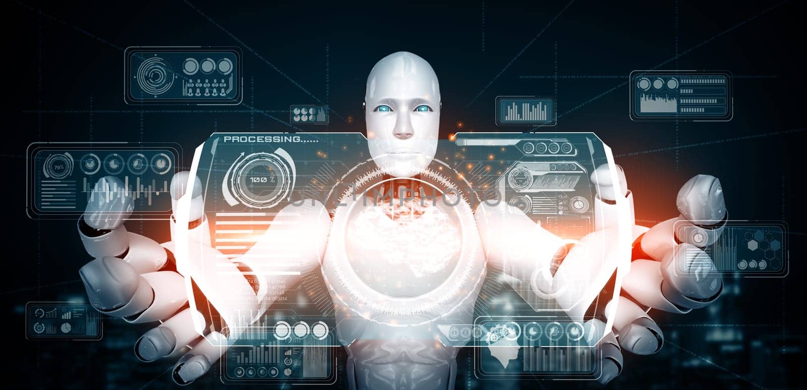 XAI 3d illustration AI humanoid robot holding virtual hologram screen showing concept of big data analytic using artificial intelligence thinking by machine learning process. 3D illustration.