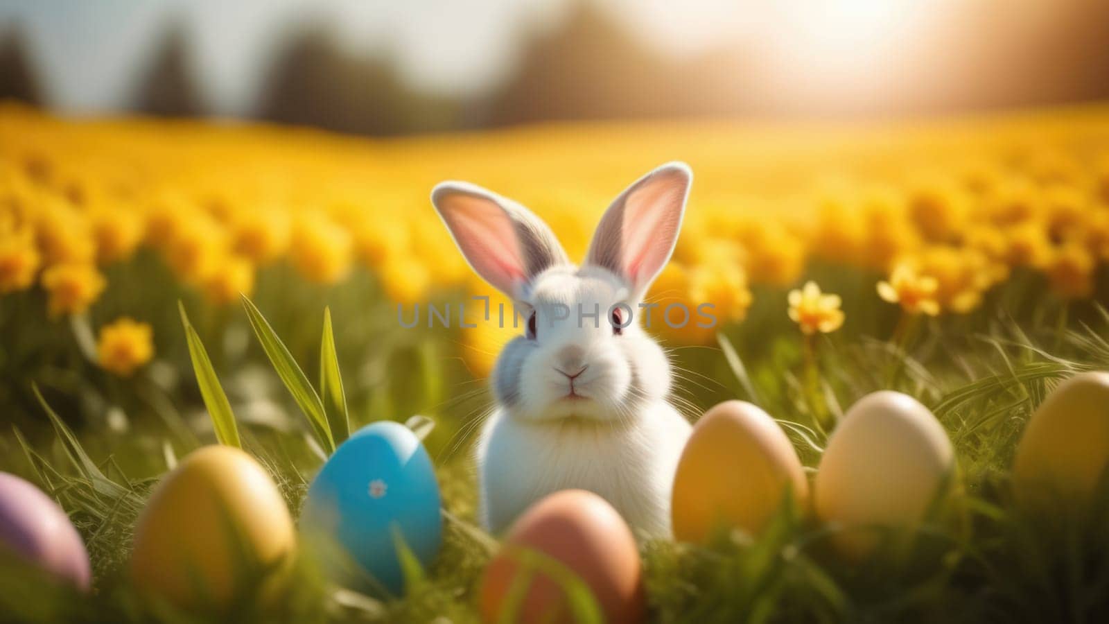 Holiday celebration banner with cute Easter bunny with decorated eggs and spring flowers on green spring meadow. Rabbit in landscape. Happy Easter greeting card, banner, festive background. Copy space