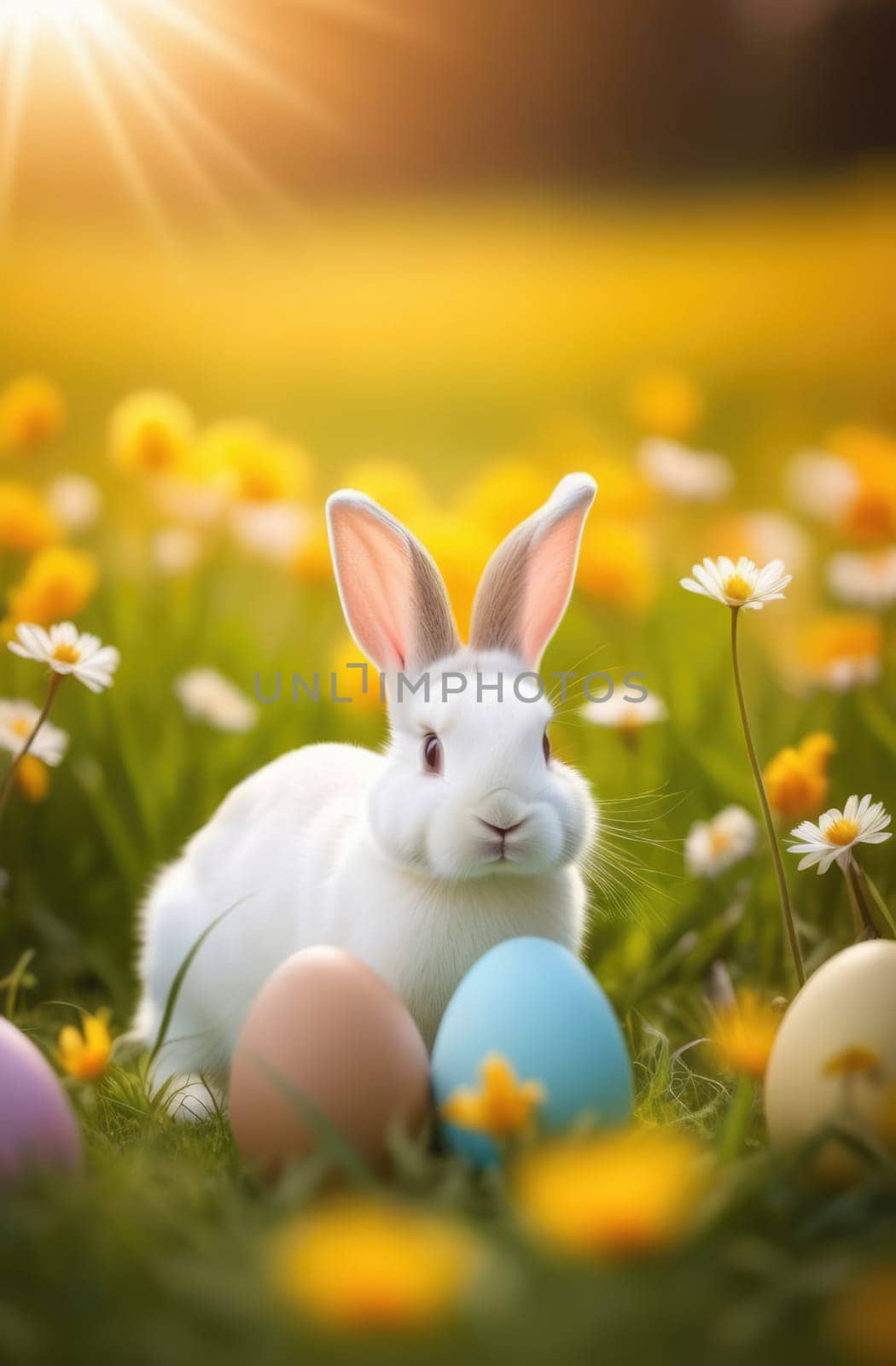 Holiday celebration banner with cute Easter bunny with decorated eggs and spring flowers on green spring meadow. Rabbit in landscape. Happy Easter greeting card, banner, festive background. Copy space