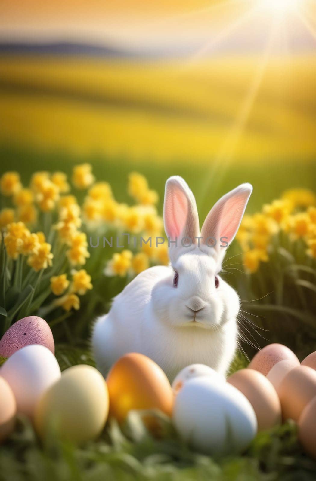 Holiday celebration banner with cute Easter bunny with decorated eggs and spring flowers on green spring meadow. Rabbit in landscape. Happy Easter greeting card, banner, festive background. Copy space