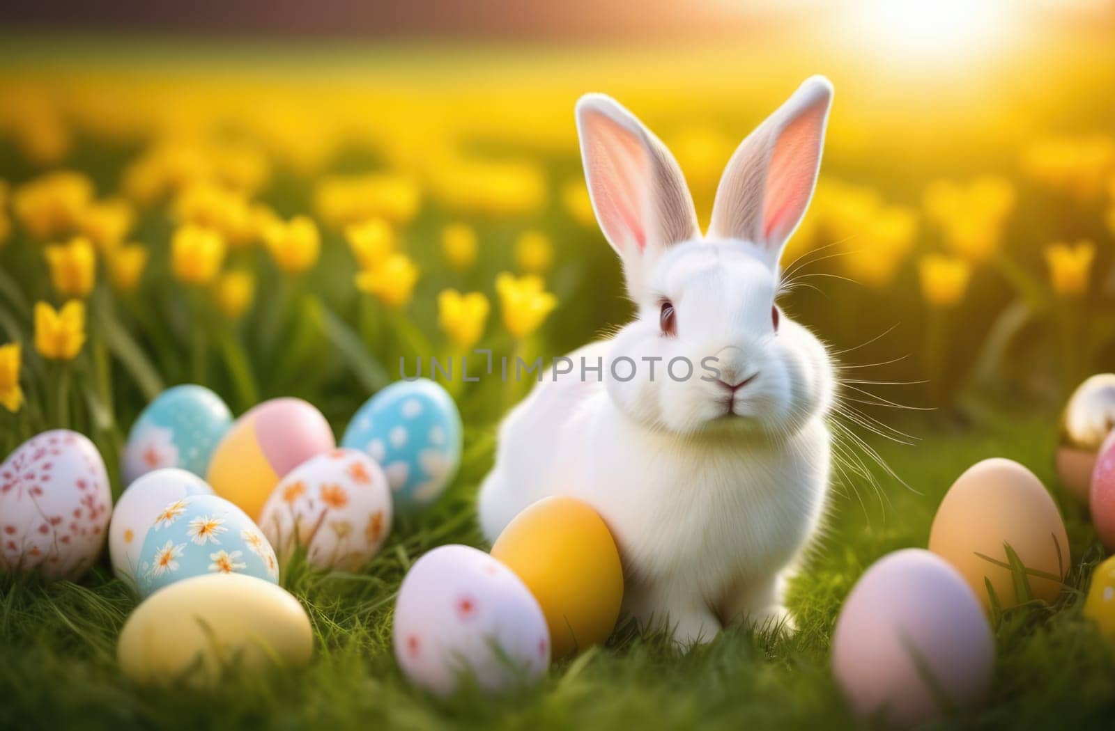 Holiday celebration banner with cute Easter bunny with decorated eggs and spring flowers on green spring meadow. Rabbit in landscape. Happy Easter greeting card, banner, festive background. Copy space