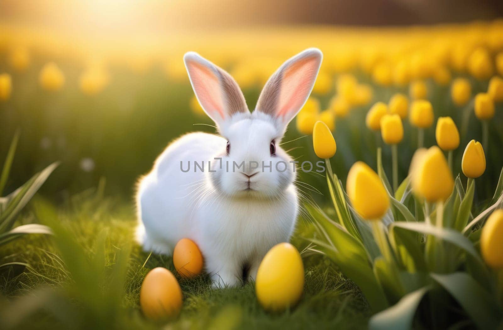 Holiday celebration banner with cute Easter bunny with decorated eggs and spring flowers on green spring meadow. Rabbit in landscape. Happy Easter greeting card, banner, festive background. Copy space