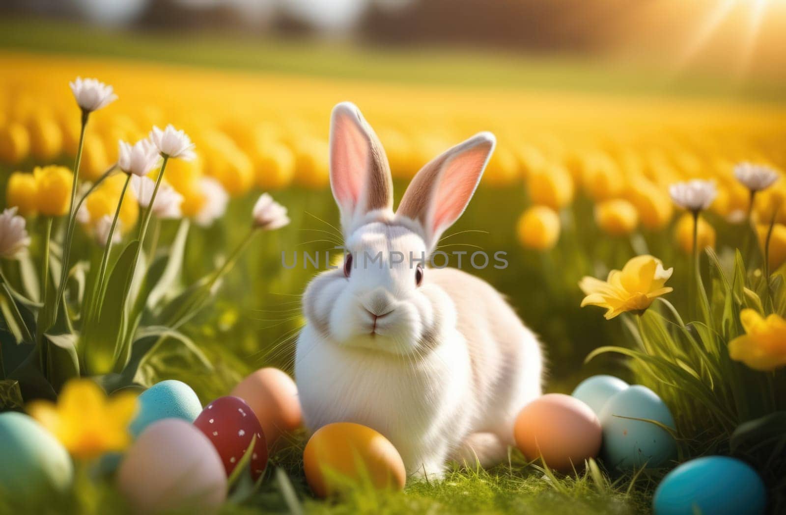 Holiday celebration banner with cute Easter bunny with decorated eggs and spring flowers on green spring meadow. Rabbit in landscape. Happy Easter greeting card, banner, festive background. Copy space