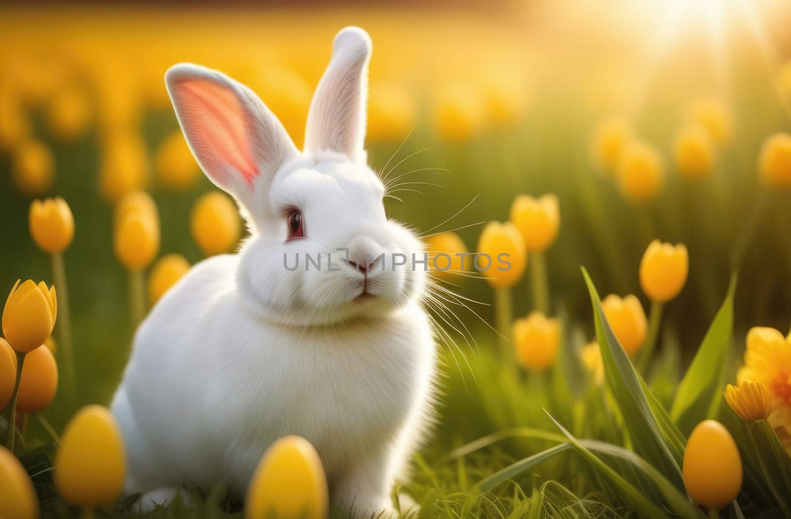 Holiday celebration banner with cute Easter bunny with decorated eggs and spring flowers on green spring meadow. Rabbit in landscape. Happy Easter greeting card, banner, festive background. Copy space