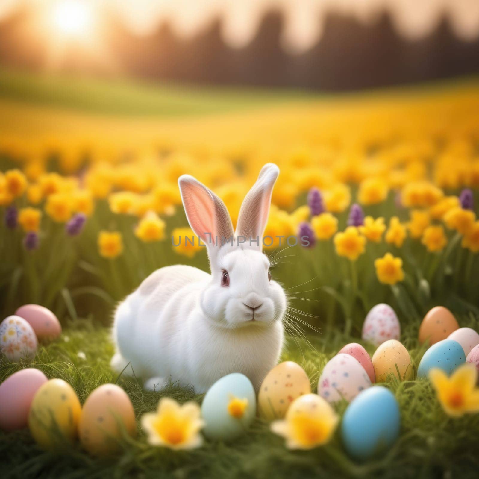 Holiday celebration banner with cute Easter bunny with decorated eggs and spring flowers on green spring meadow. Rabbit in landscape. Happy Easter greeting card, banner, festive background. Copy space