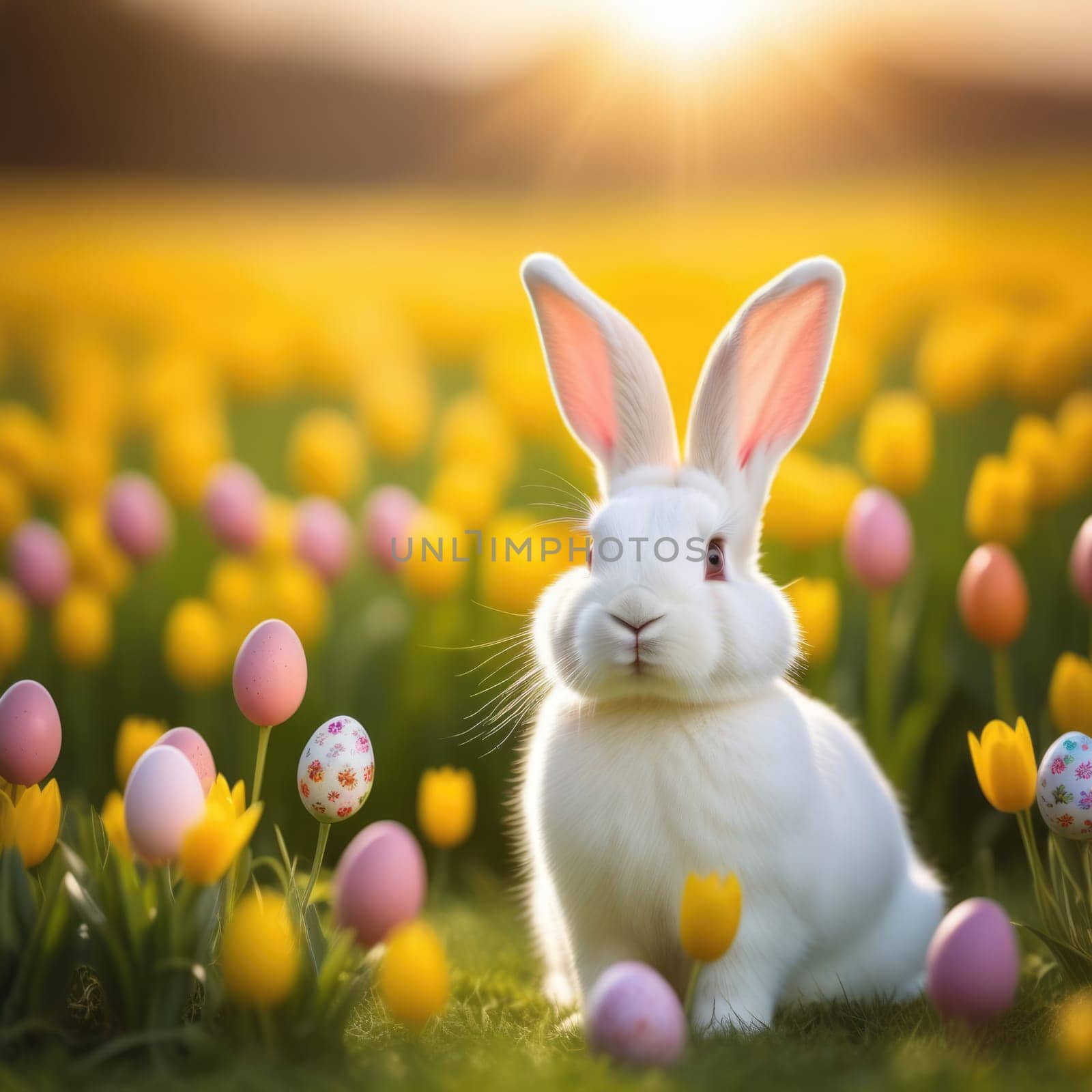 Holiday celebration banner with cute Easter bunny with decorated eggs and spring flowers on green spring meadow. Rabbit in landscape. Happy Easter greeting card, banner, festive background. Copy space
