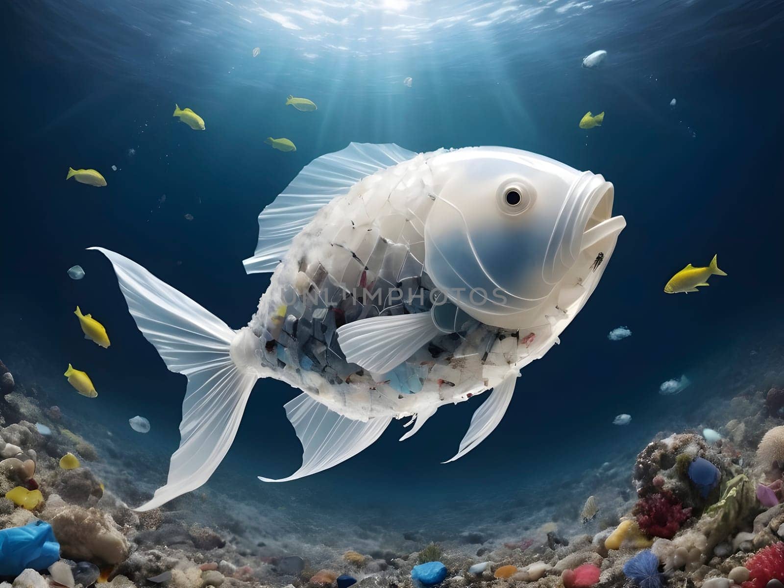 Navigating the waters of an ocean. Fish surrounded by microplastics, plastic bags and trash by mailos