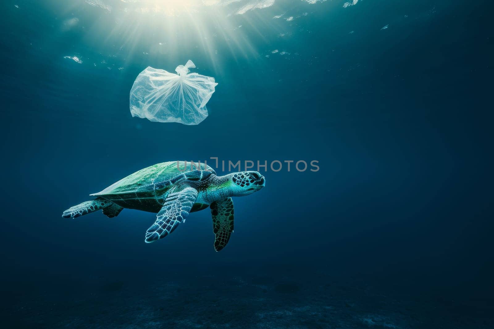 A turtle is seen swimming past a plastic bag floating in the ocean. The plastic pollution poses a threat to marine life.