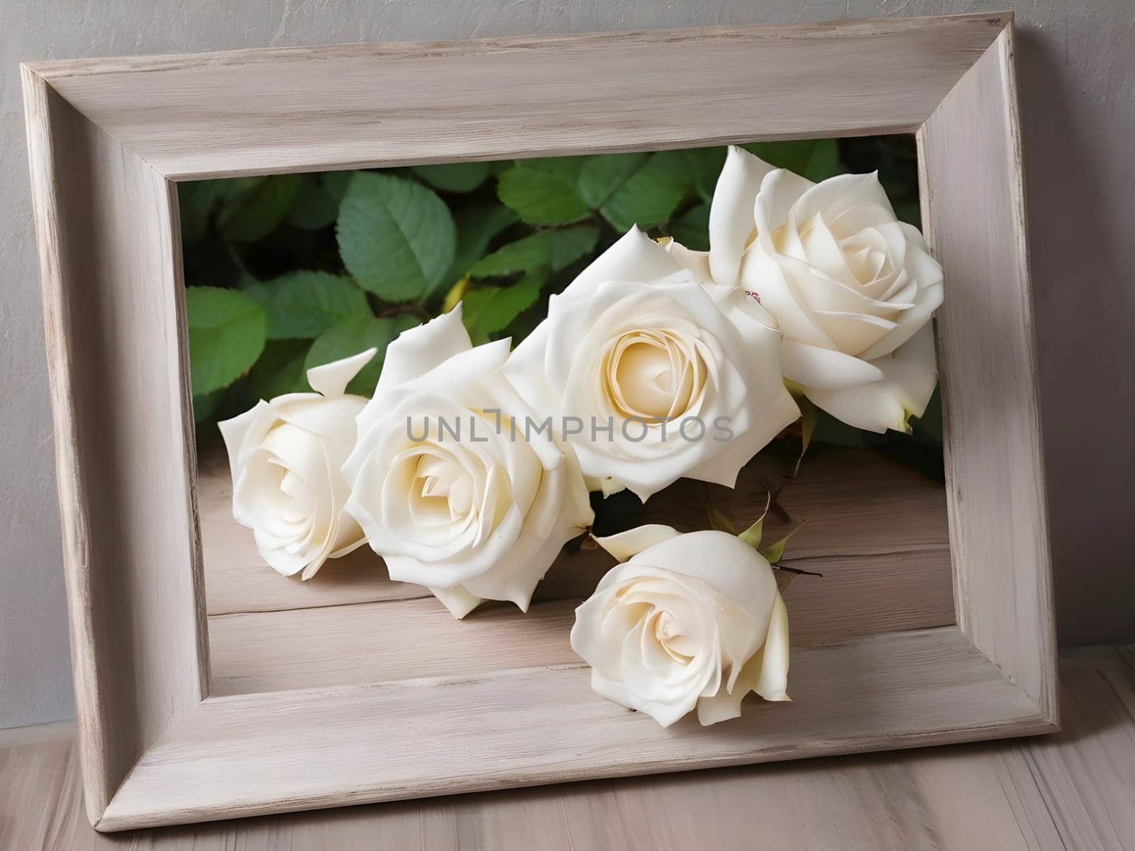 Pure Elegance. White Roses Adorning a Wooden Canvas.