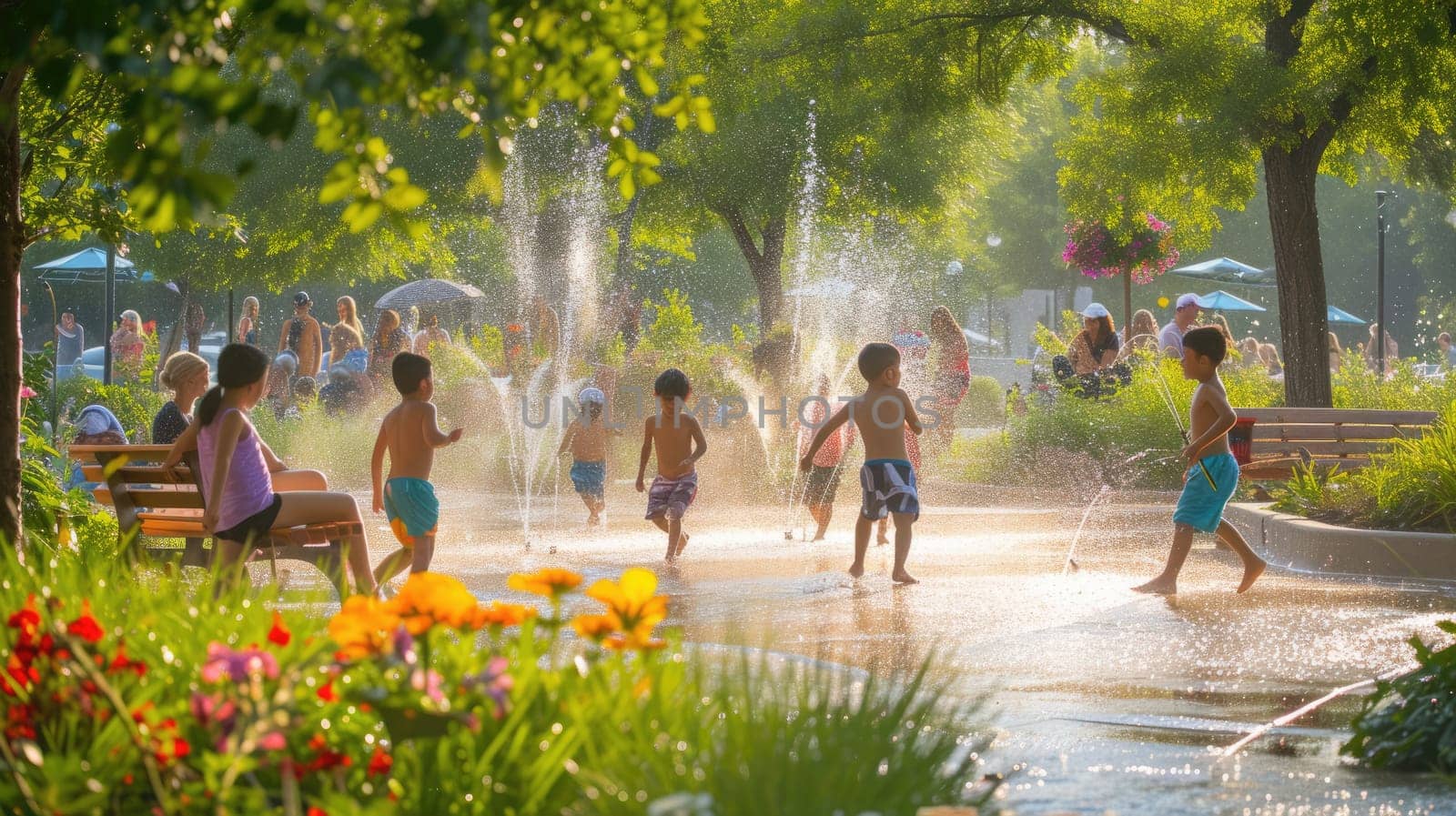 A group of children are playing in a fountain in a park AIG41 by biancoblue