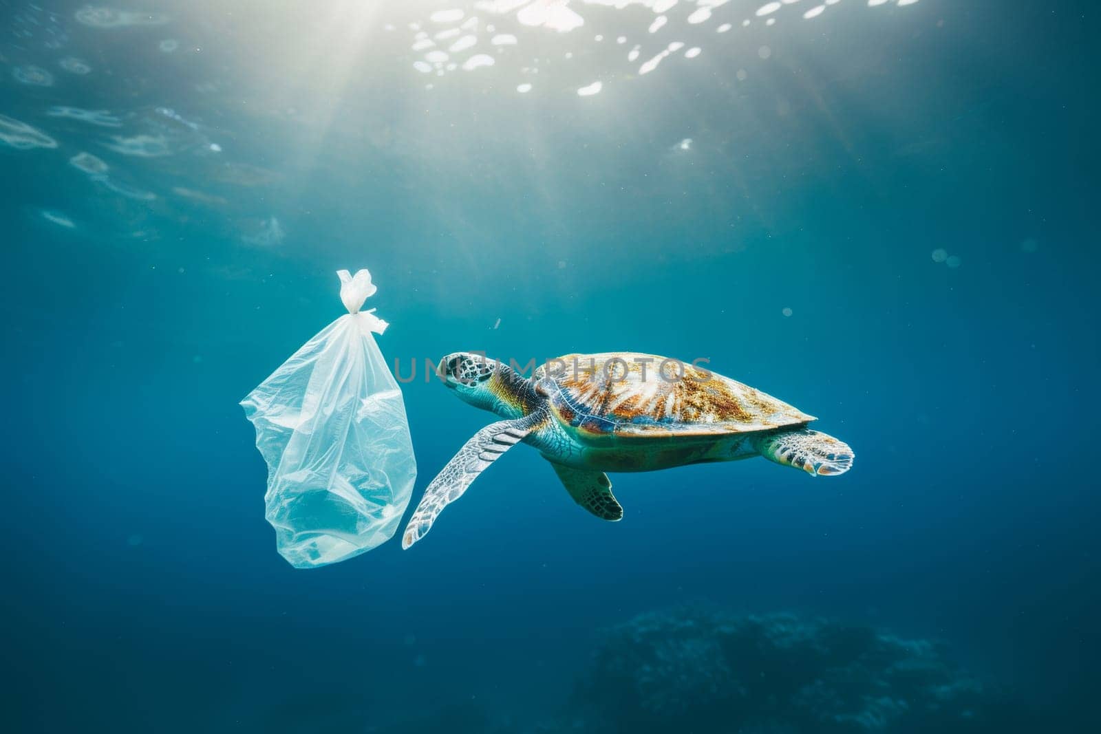 A turtle is seen swimming in the ocean, surrounded by water and a plastic bag floating nearby.