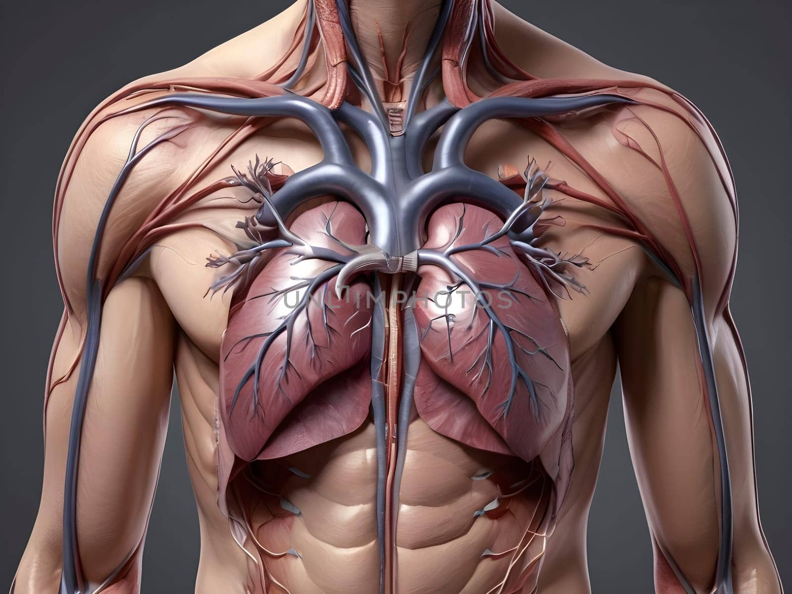 Detailed Illustration of the Human Body, Emphasizing the Transparent Heart.