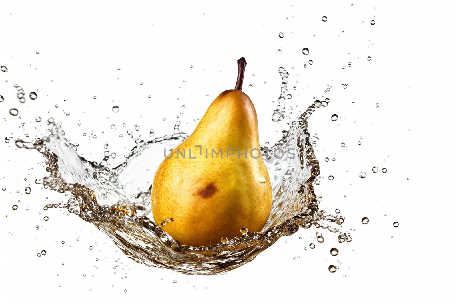 A ripe pear splashing into water, captured against a white background.