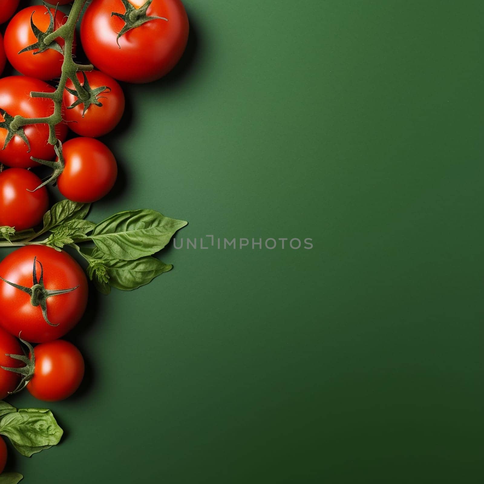 Fresh red tomatoes with green leaves on a green background