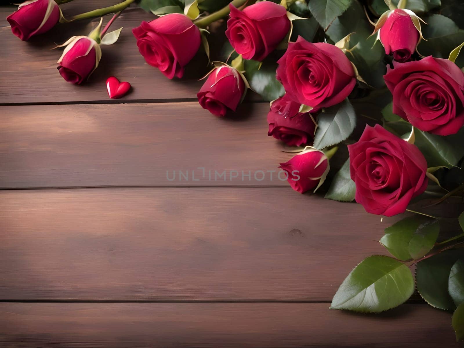 Floral Elegance. Red Roses Arranged on Wooden Surface.