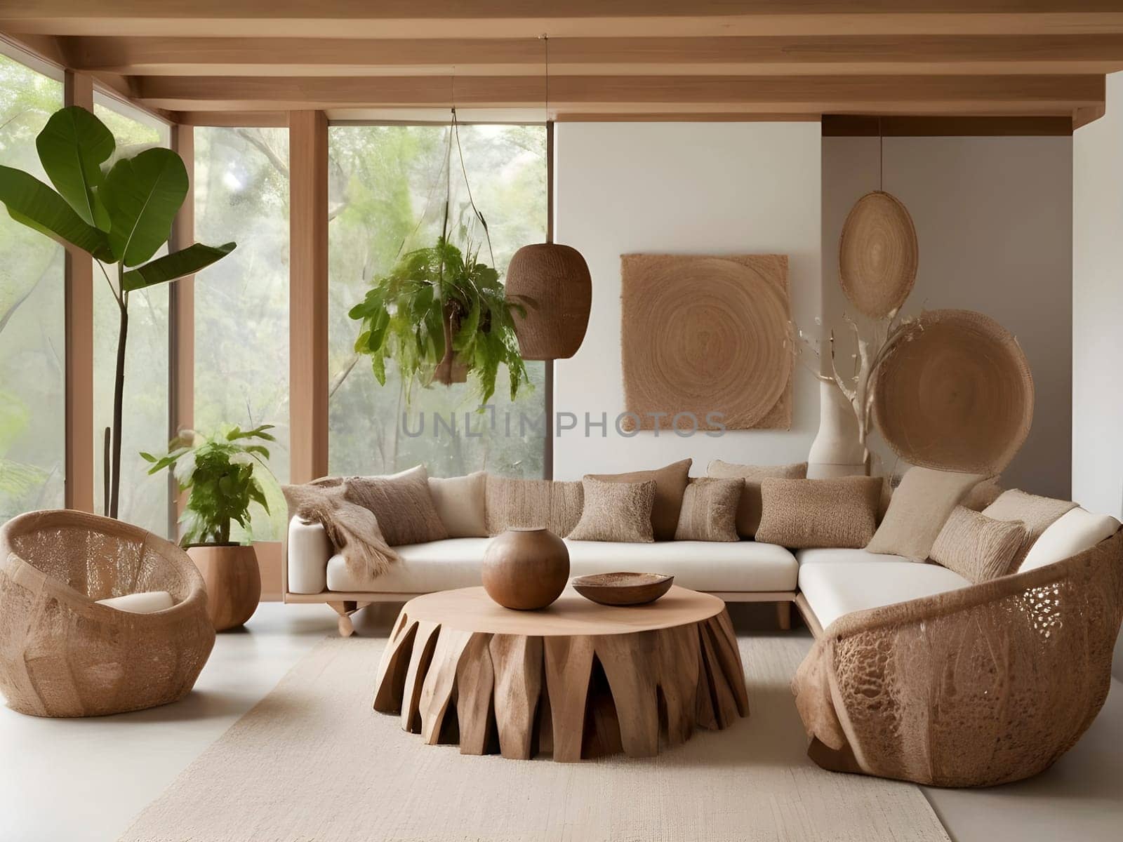 Photograph ecologists incorporating nature-inspired decor elements like natural fibers, wooden furniture, and eco-friendly textiles