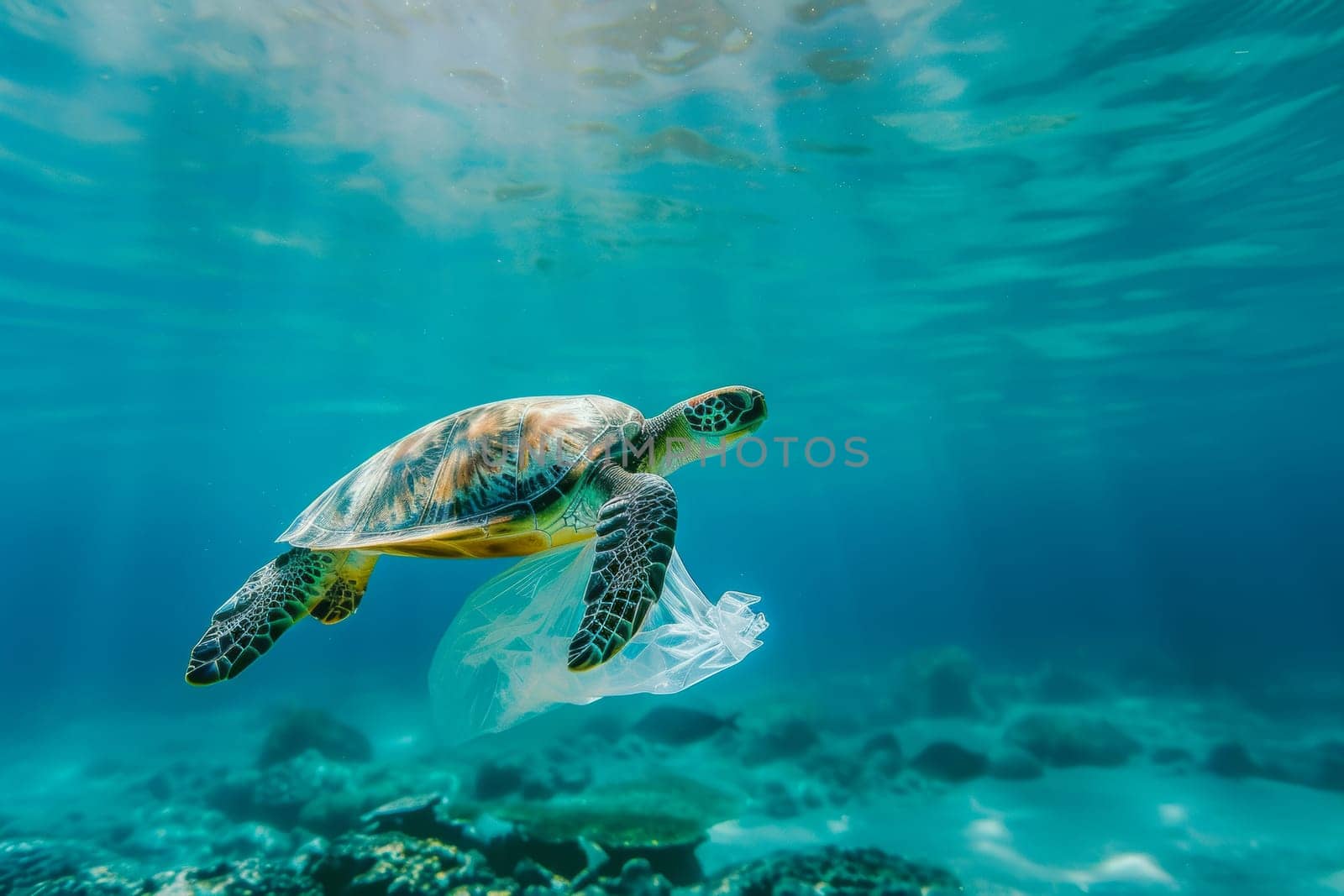 A turtle is seen swimming over a plastic bag floating in the ocean. This image highlights the issue of marine pollution caused by plastic waste.