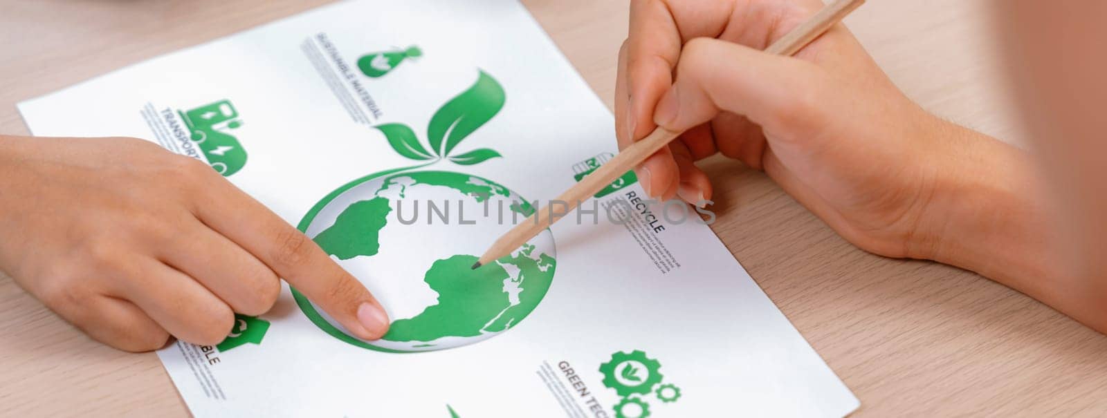 Businessman decide to invest in the green business project. Mind mapping presented environmental protection method. Environmental friendly and green business concept. Closeup. Delineation.