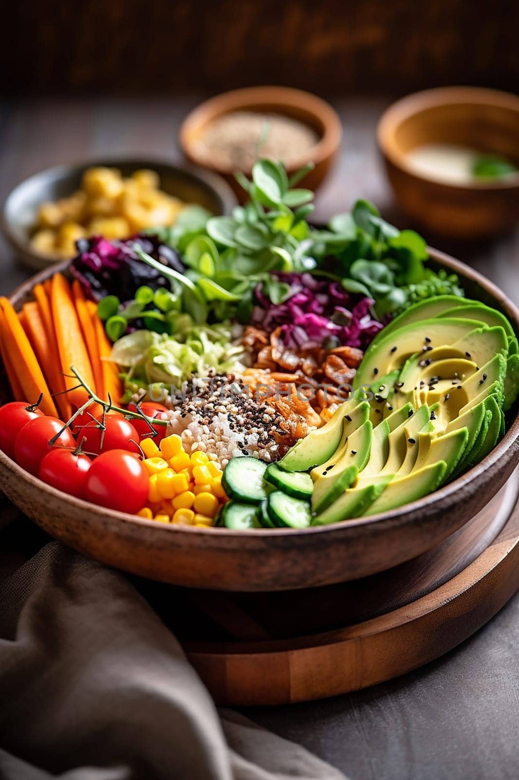 Colorful bowl filled with a variety of healthy, fresh vegetables and grains.