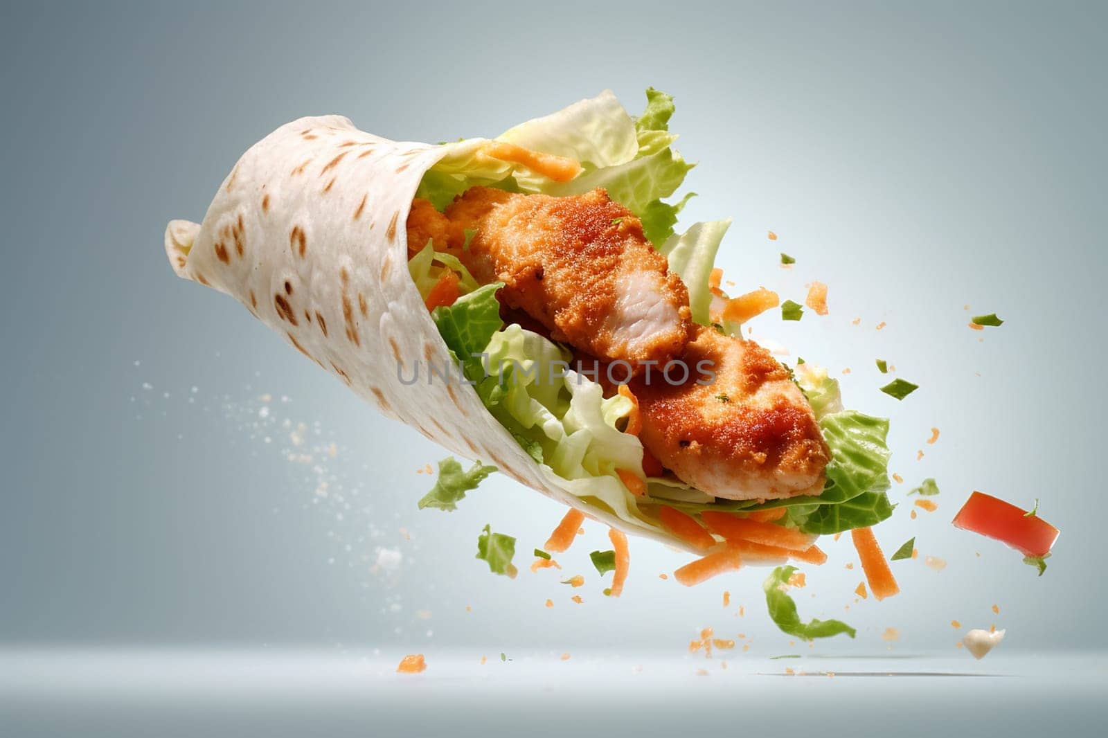 Deconstructed chicken wrap with ingredients mid-air.