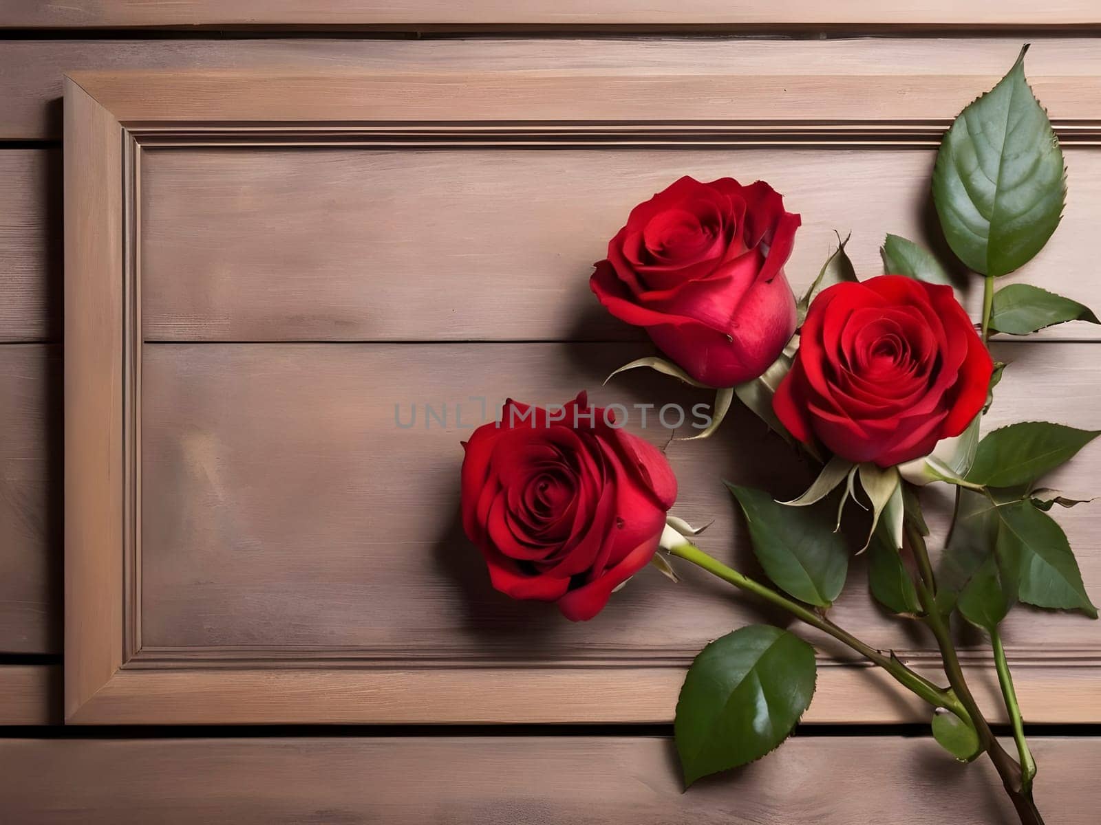 Nature's Embrace. Wooden Frame with Red Rose Blossoms.
