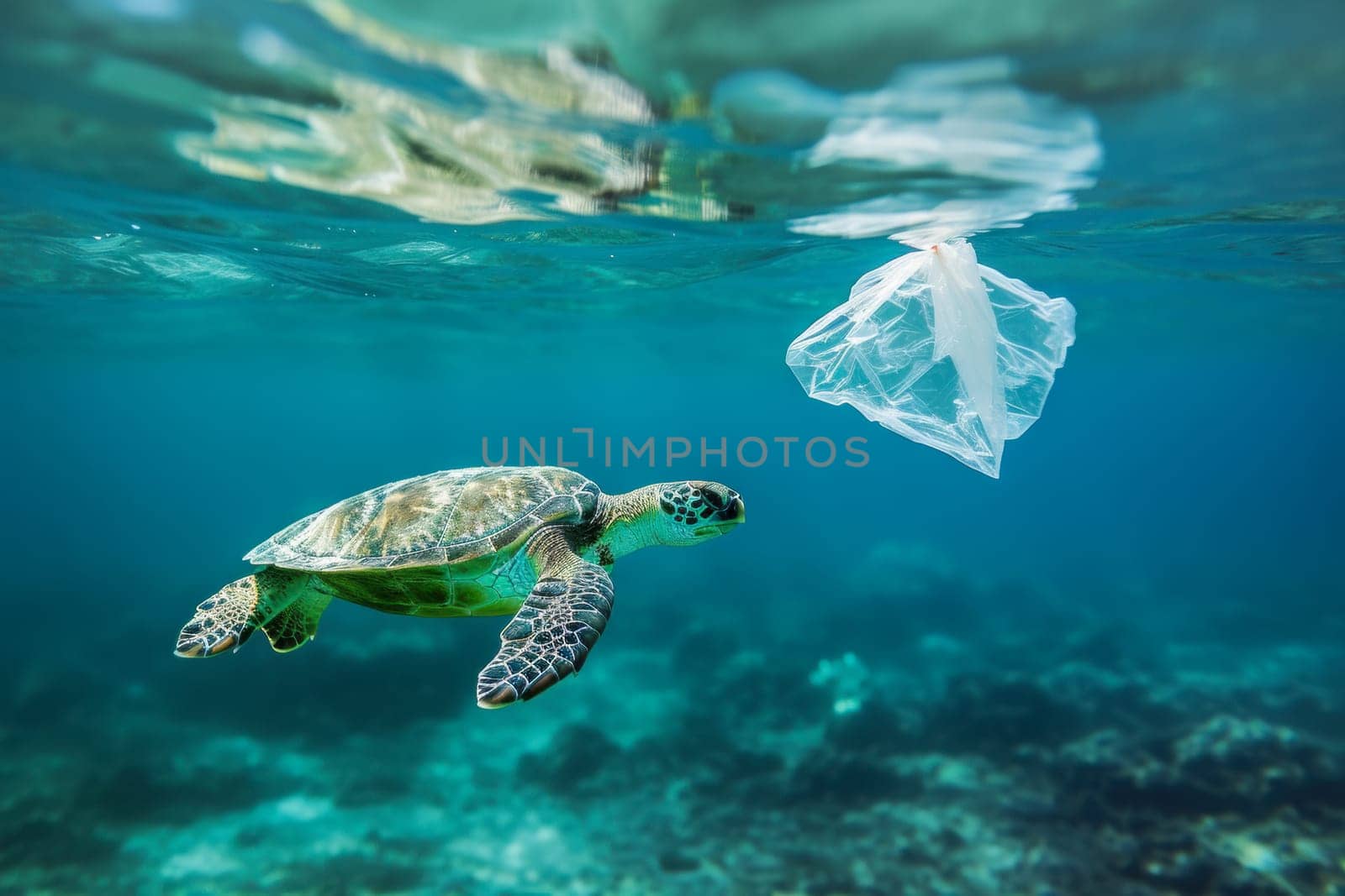 Plastic Bag Floating Next to Turtle in Ocean by vladimka