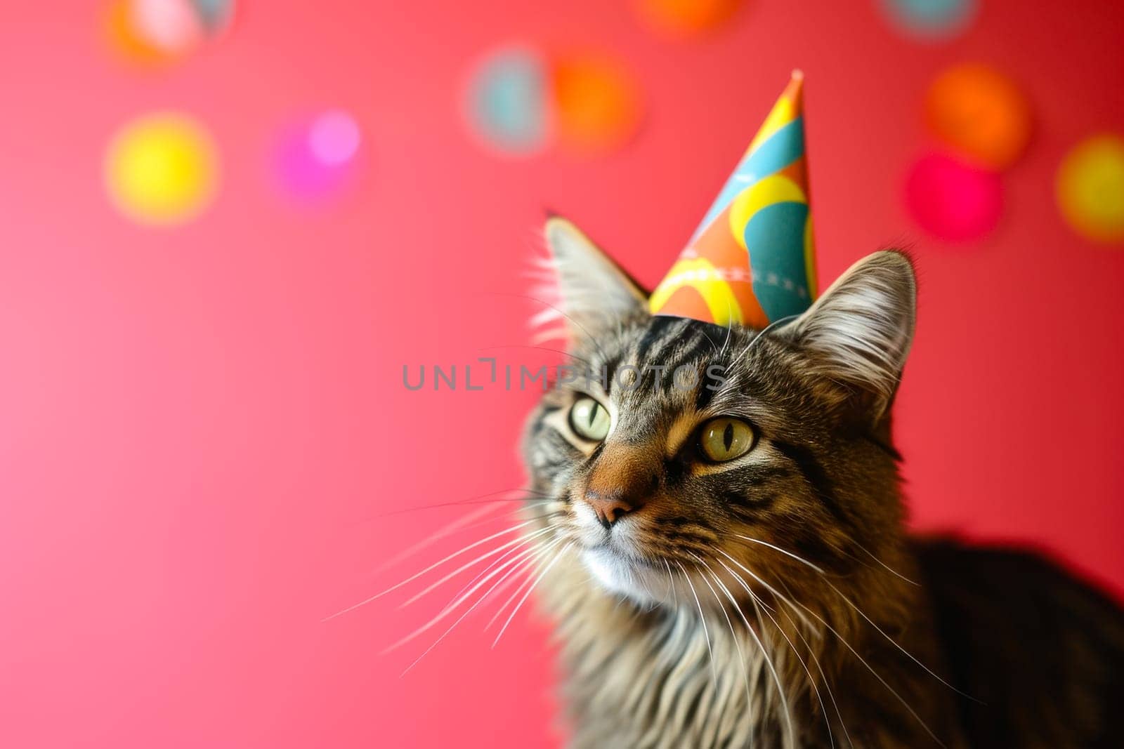 A cat wearing a colorful party hat on its head, standing against a bright background.