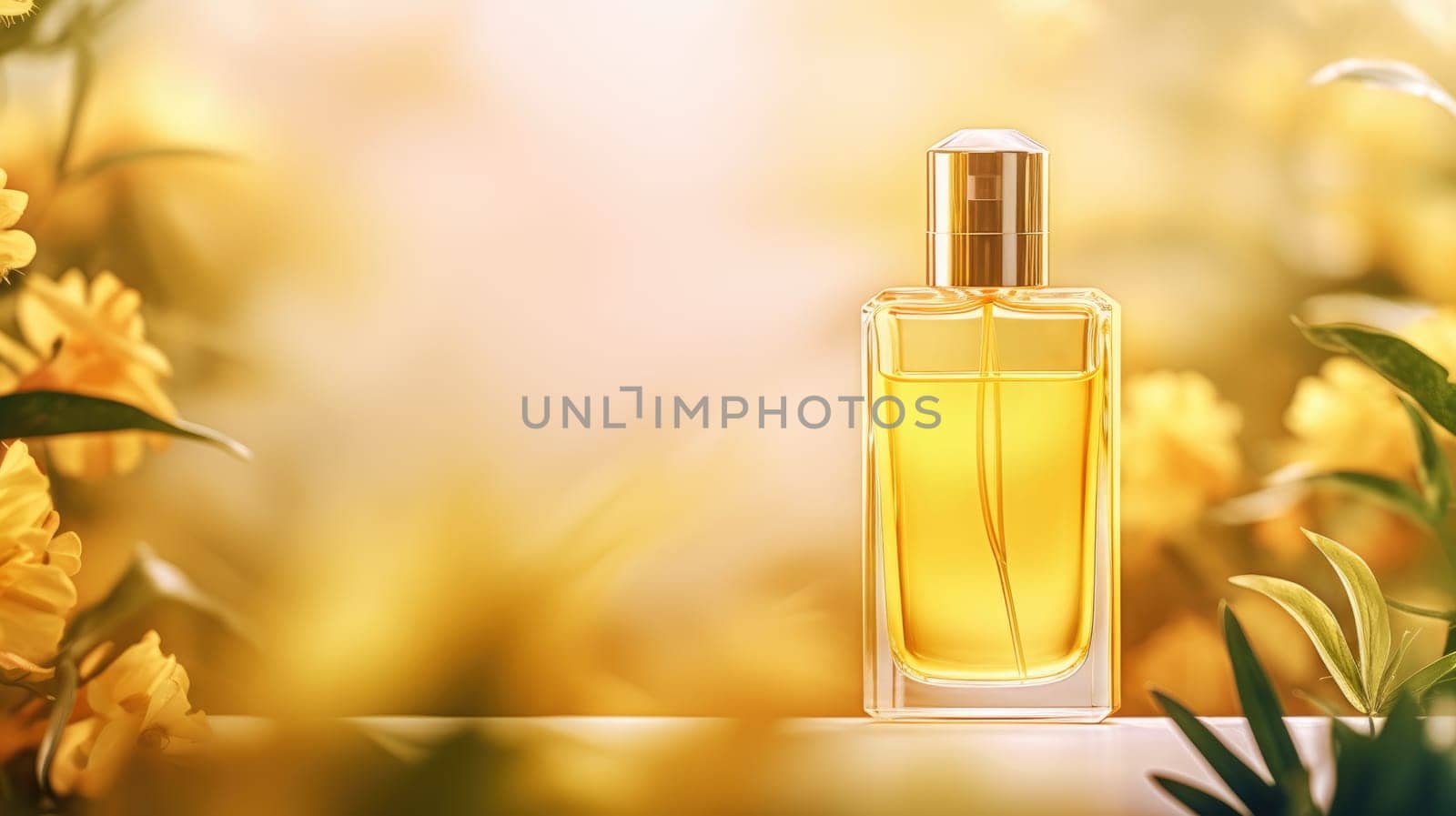 Transparent yellow glass perfume bottle mockup with plants on background. Eau de toilette. Mockup, spring flat lay