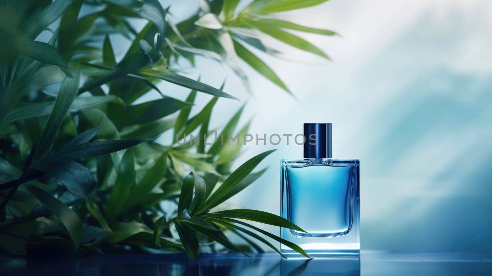 Transparent blue glass perfume bottle mockup with plants on background. Eau de toilette. Mockup, spring flat lay. by JuliaDorian