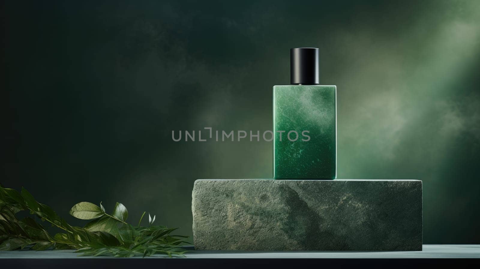 Transparent green glass perfume bottle mockup on pedestal with minimalist background. Eau de toilette. Mockup, spring flat lay