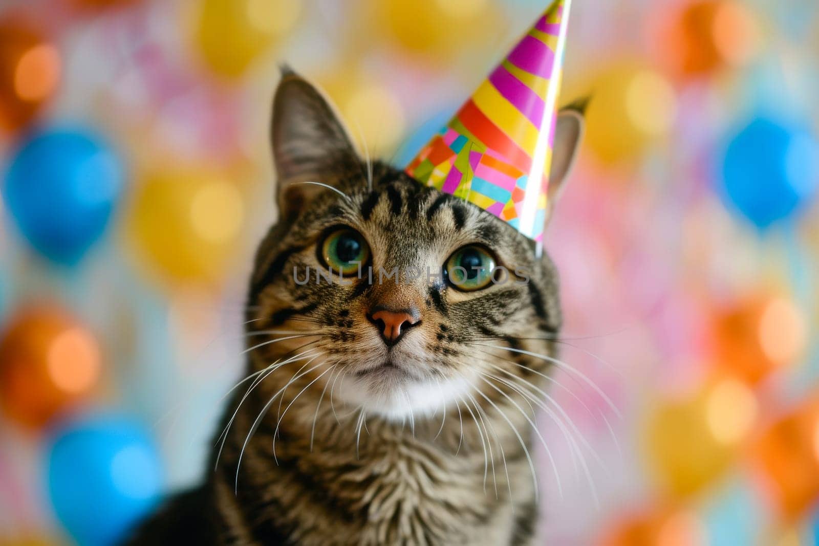 This photo features a cat wearing a festive party hat against a bright background.