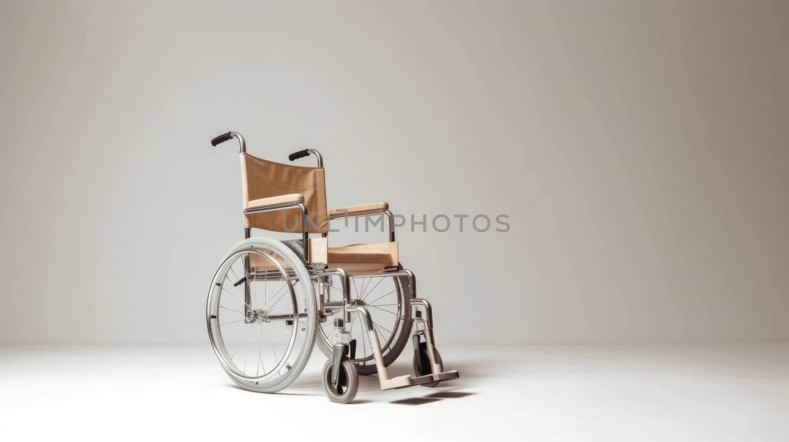 Empty medical wheelchair for invalid patient on white empty background. Hospital health care support.