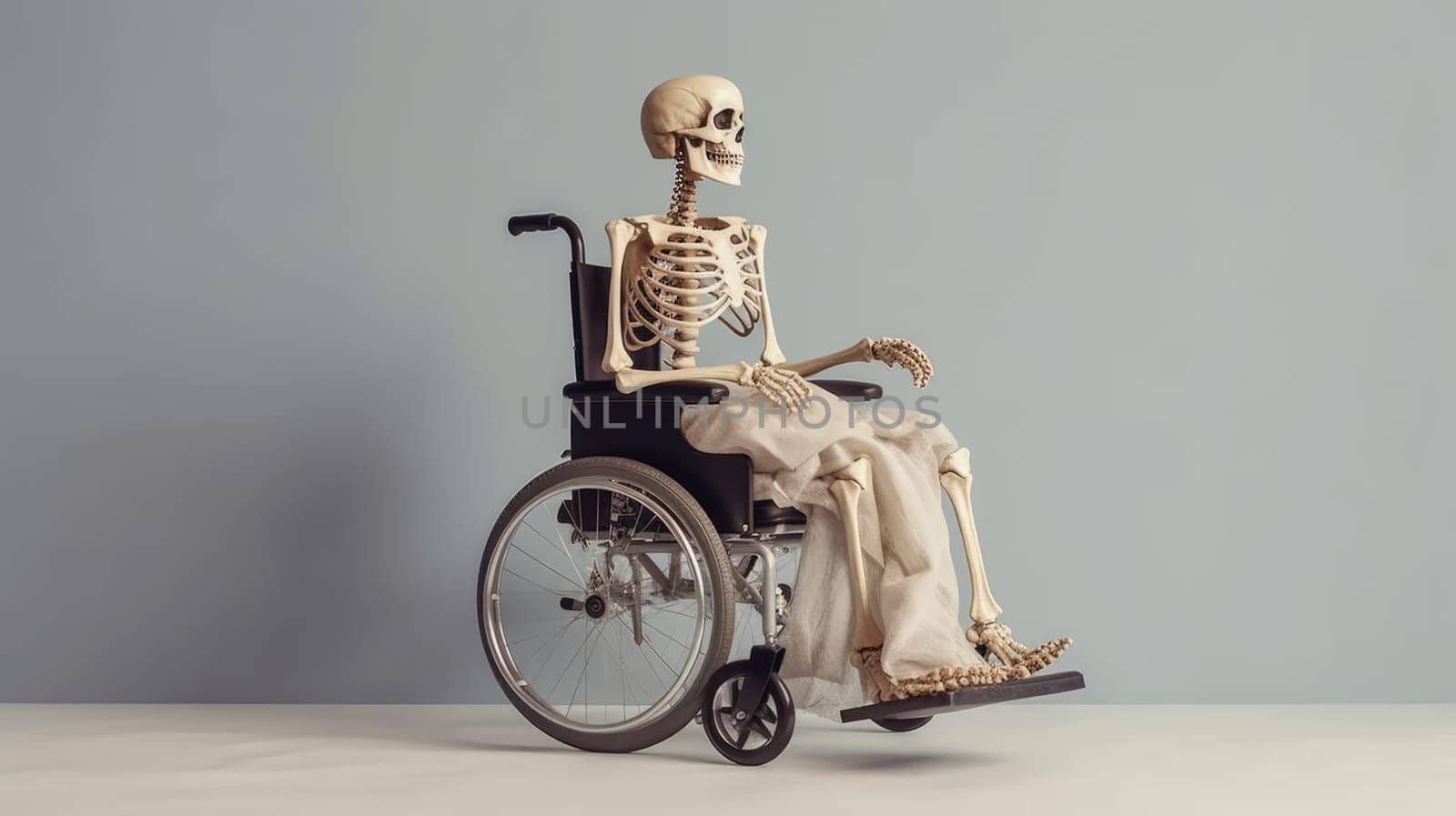 Human skeleton in medical wheelchair for invalid patient on white empty background. Hospital health care support by JuliaDorian